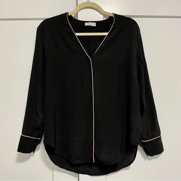 Sandro Paris ‘Paul’ Piped Silk V-Neck Blouse Black Size 1 / Small - Picture 5 of 12